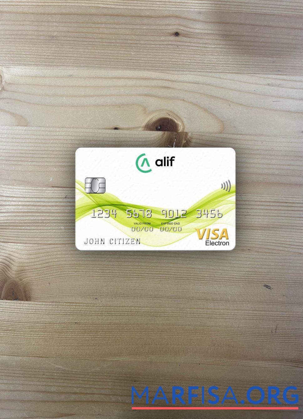 Printable Tajikistan Alif Bank visa electron card photolook front example